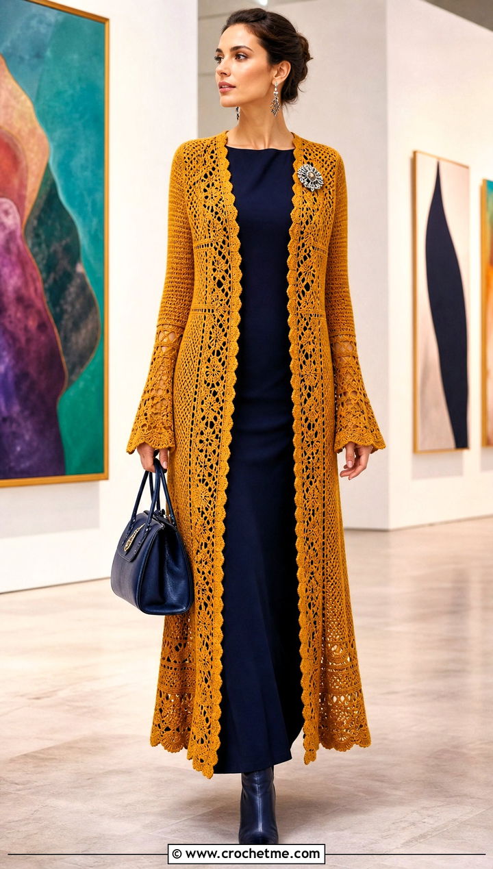 Longline Victorian Crochet Cardigan With Column Dress - 15 Victorian Style Crochet Cardigan outfit ideas