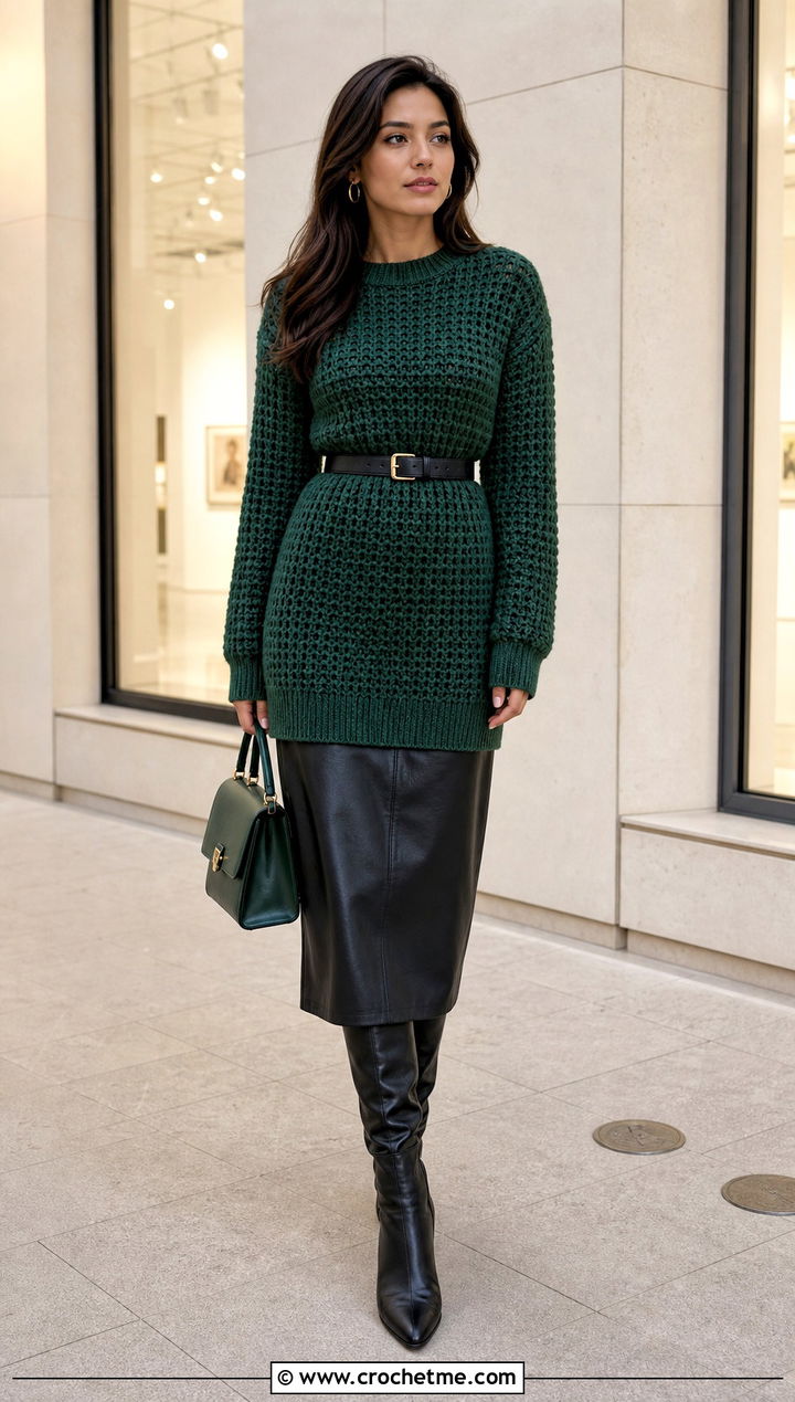 Longline Waffle Stitch Crochet Sweater With Leather Midi Skirt - 30 waffle stitch crochet sweater outfit ideas