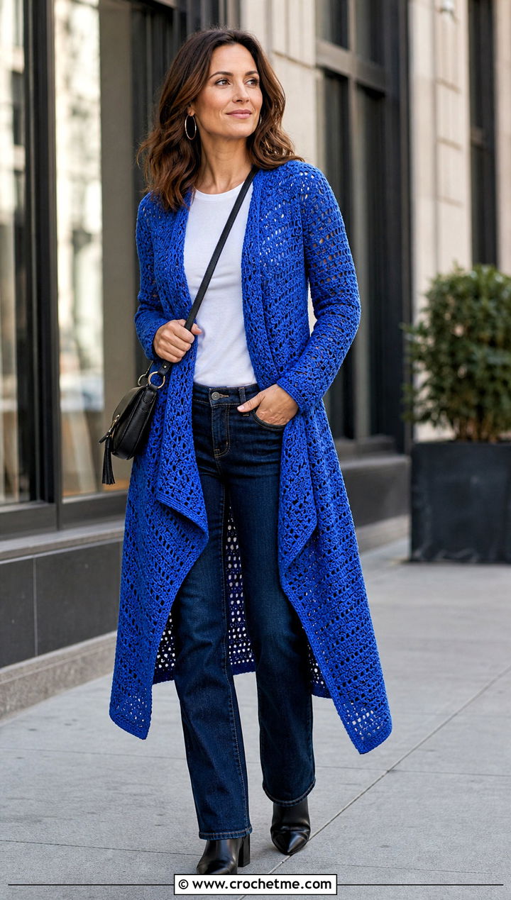 Longline Waterfall Cascade Crochet Cardigan With Straight Leg Jeans - 15 cascade crochet cardigan outfit ideas