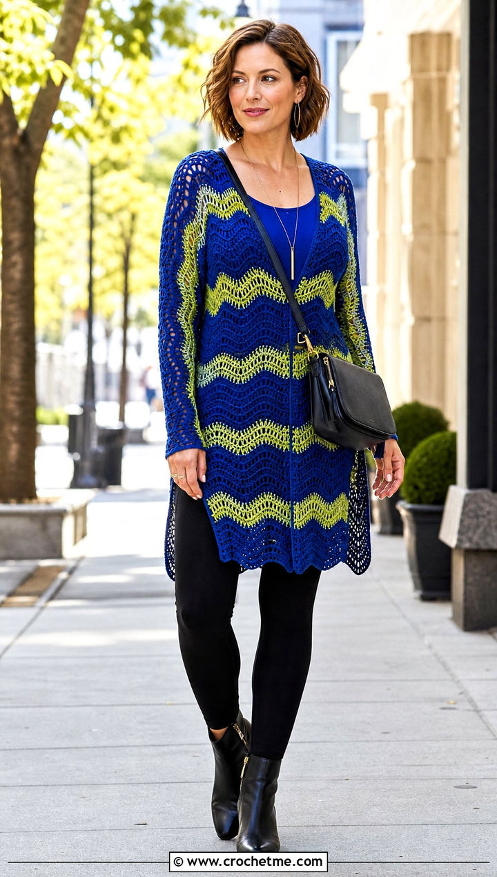 Longline Wave Crochet Tunic Top With Leggings - 25 wavy crochet top outfit ideas