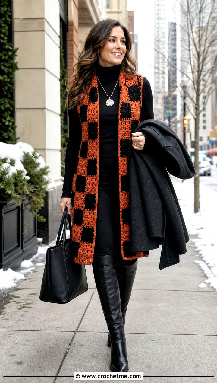Longline Wednesday Crochet Vest With Turtleneck And Leggings - 30 wednesday crochet vest outfit ideas