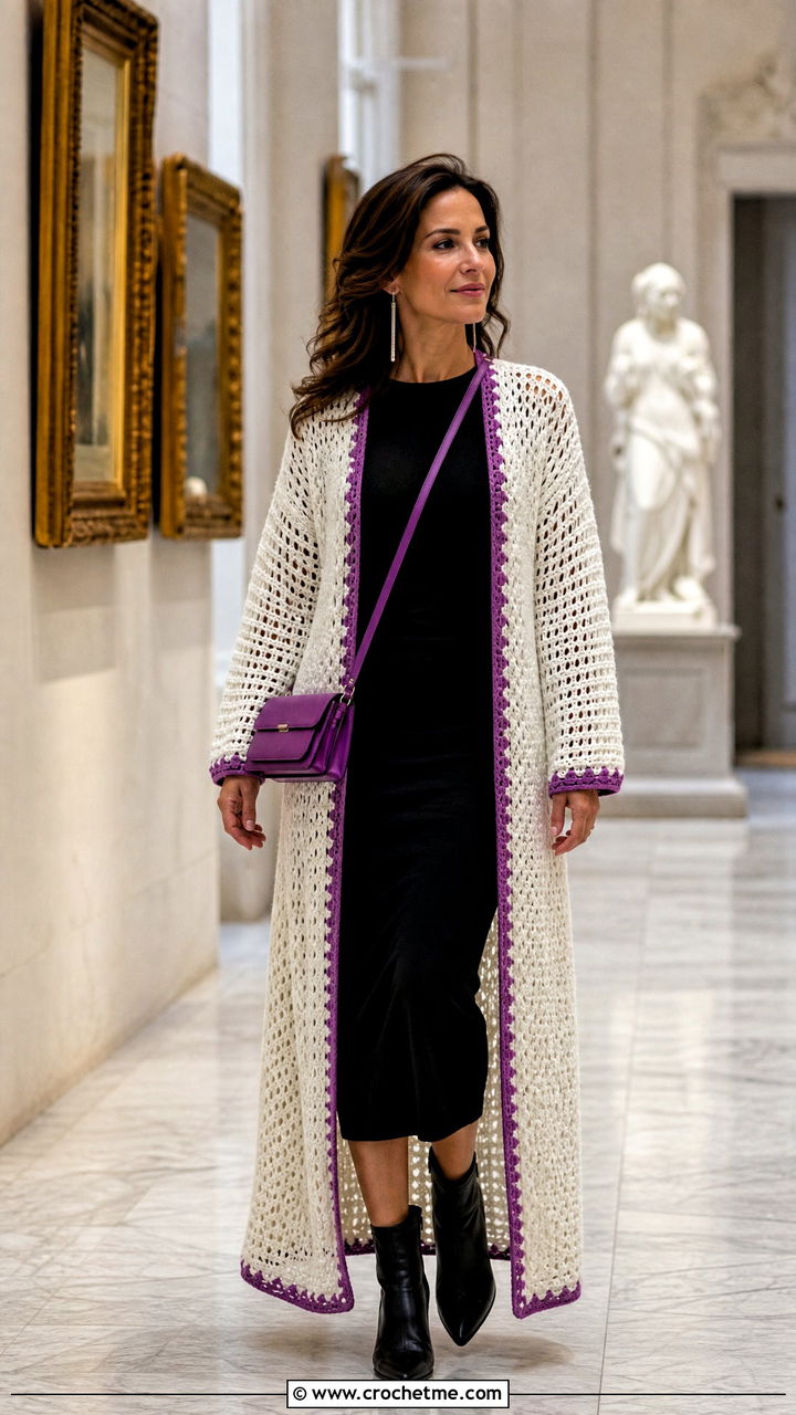 Longline White Crochet Cardigan With Column Dress - 35 White Crochet Cardigan Outfit ideas