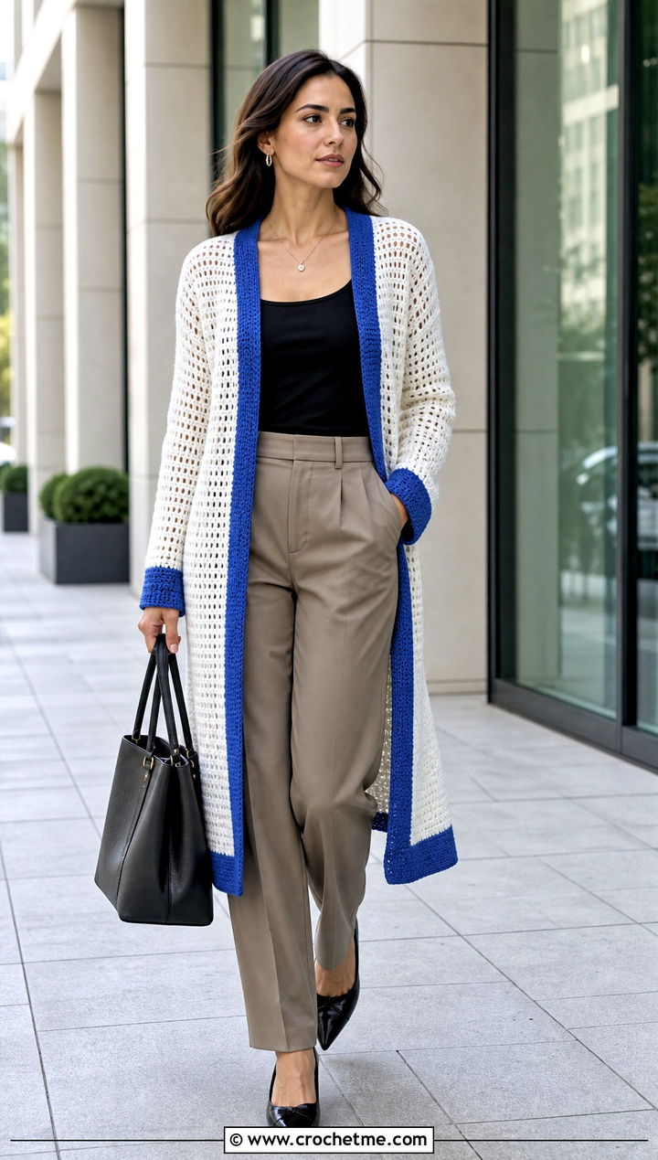 Longline White Crochet Cardigan With Tailored Trousers - 35 crochet white cardigan outfit ideas