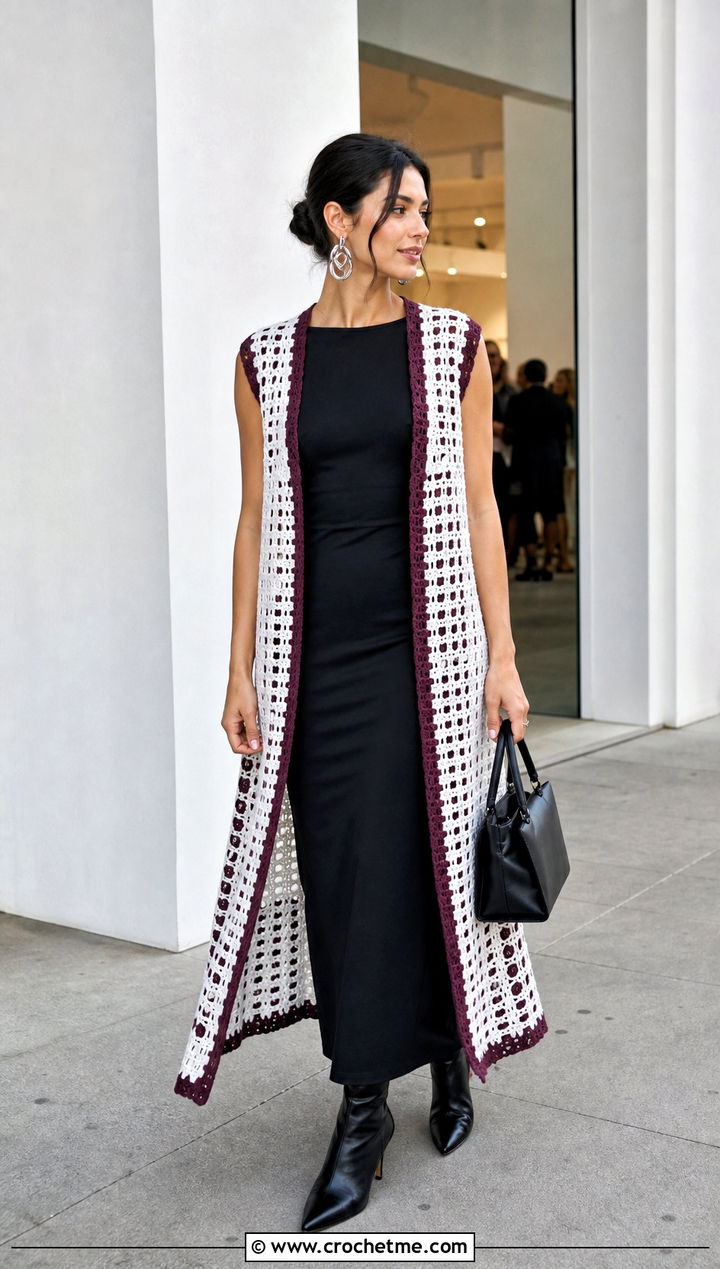 Longline White Crochet Vest With Black Column Dress - 35 white crochet vest outfit ideas