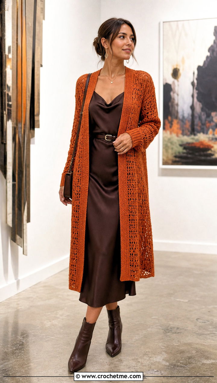Longline Worsted Weight Crochet Cardigan With Slip Dress - 25 Worsted Weight Crochet Cardigan outfit ideas