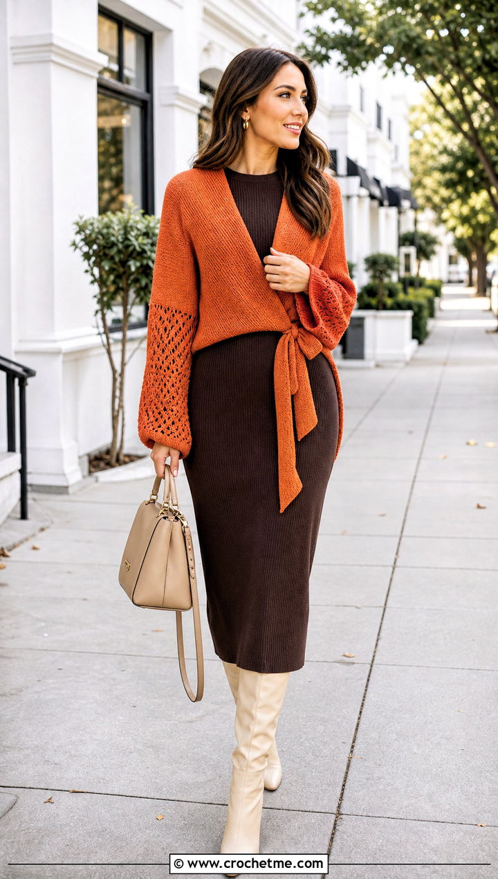Longline Wrap Around Shrug With Fitted Knit Dress - 25 crochet wrap around shrug with sleeves outfit ideas