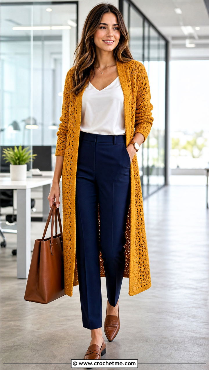 Longline Yellow Crochet Cardigan With Tailored Trousers - 30 yellow crochet cardigan outfit ideas
