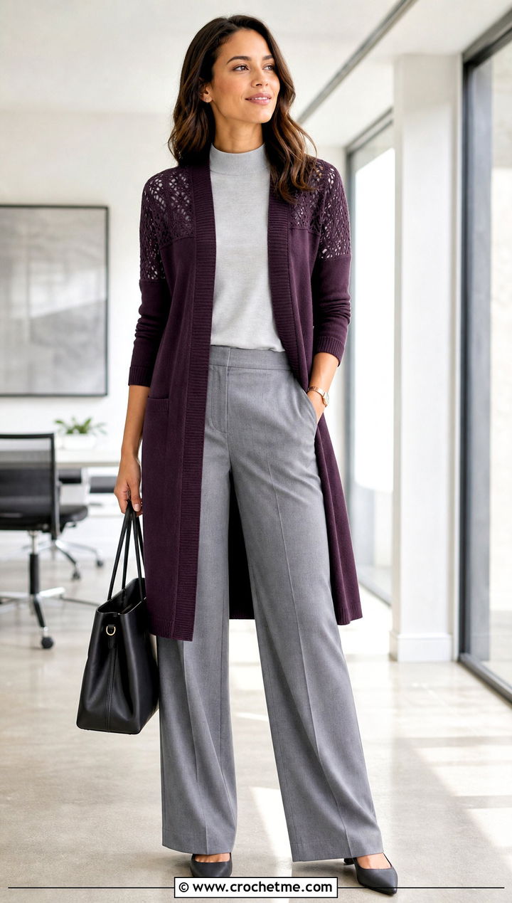 Longline Yoke Cardigan With Wide Leg Trousers - 20 Crochet Yoke Cardigan outfit ideas