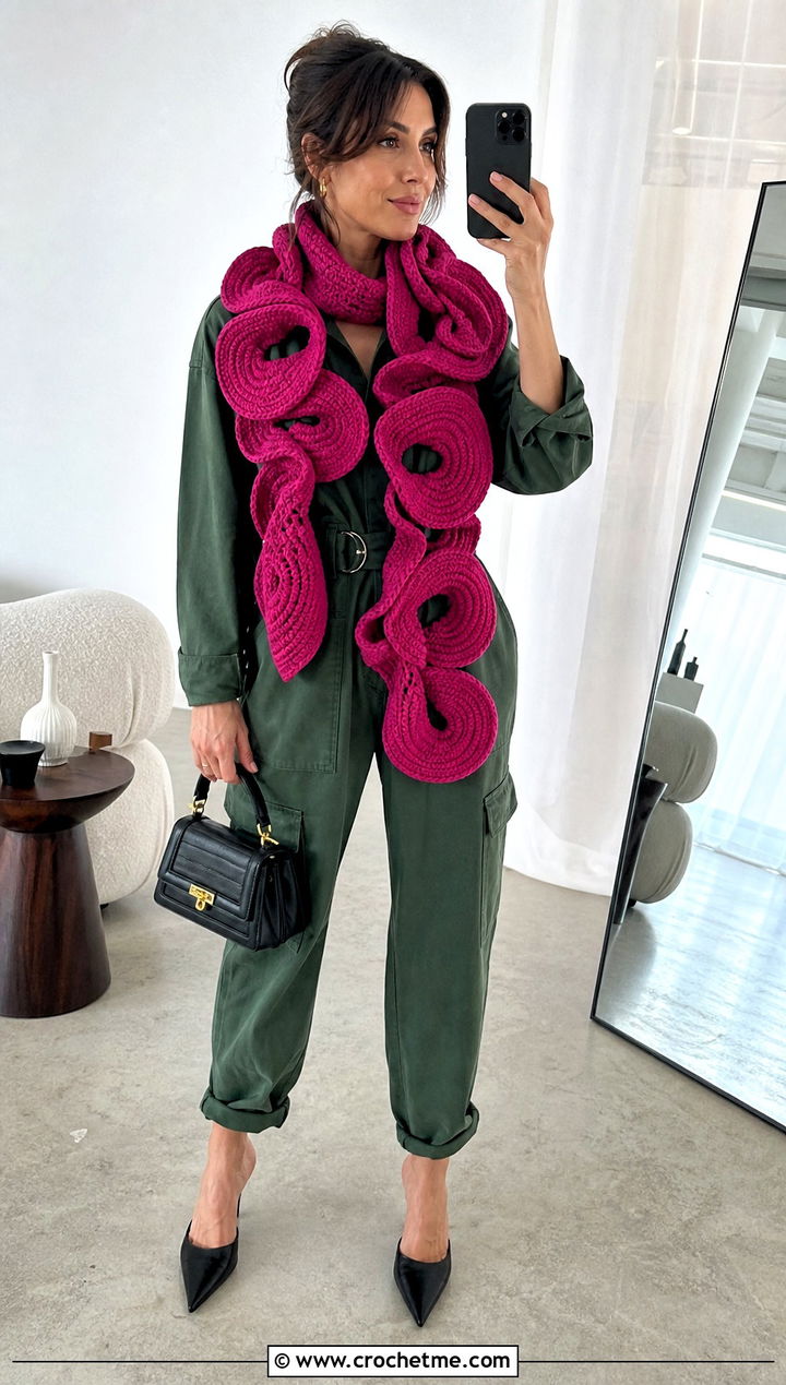 Loop Collar Freeform Crochet Scarf With Jumpsuit And Mules - 25 Freeform Crochet Scarf outfit ideas