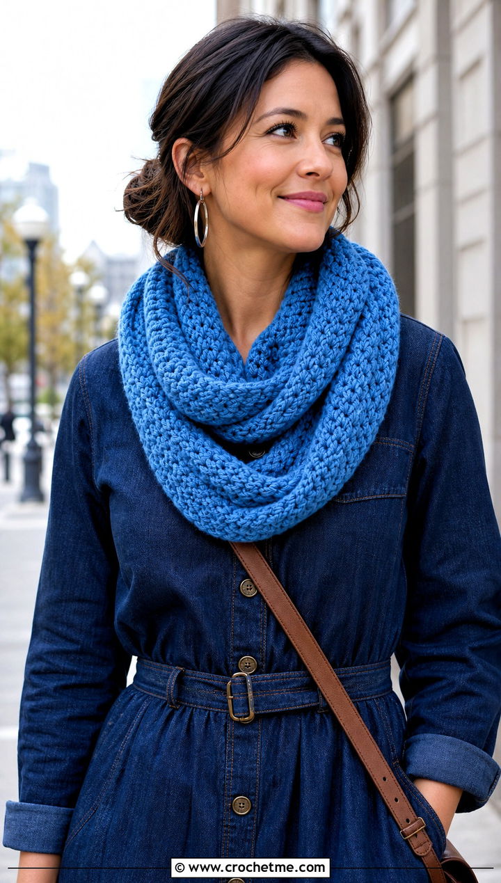 Loop Crochet Scarf With Denim Dress And Boots - 25 Tiny Crochet Scarf outfit ideas