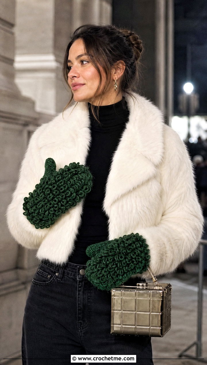 Loop Stitch Crochet Chunky Mittens With Faux Fur Jacket - 30 crochet chunky mittens outfit ideas