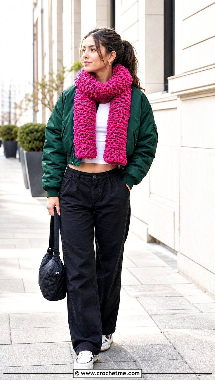 Loop Stitch Crochet Scarf With Bomber Jacket - 35 cute crochet scarf outfit ideas