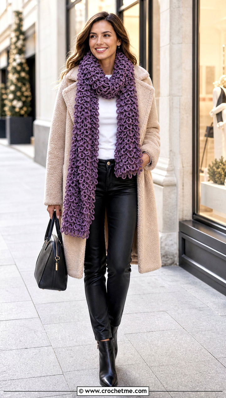 Loop Stitch Crochet Scarf With Teddy Coat - 35 Winter Crochet Scarfs For Women outfit ideas