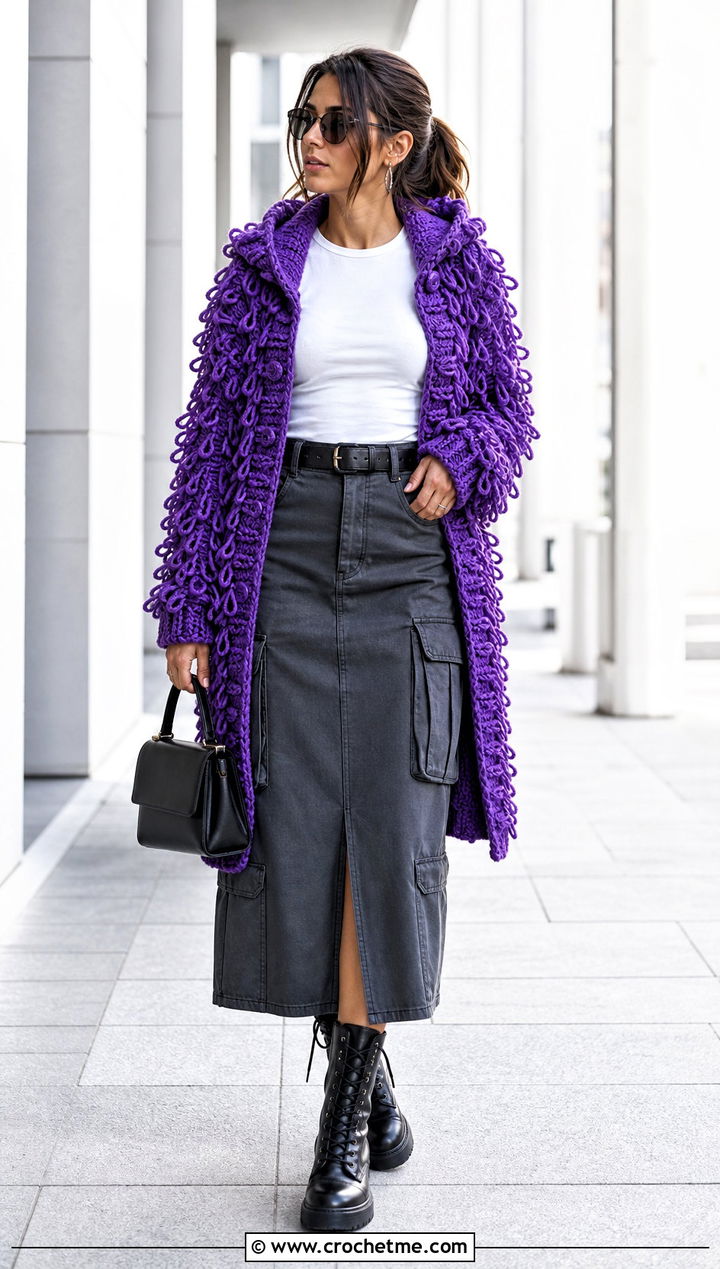 Loop Stitch Hooded Crochet Cardigan With Cargo Midi Skirt - 35 hooded crochet cardigan outfit ideas