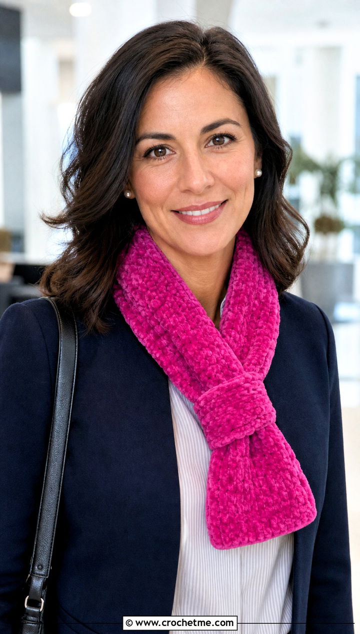 Loop Through Crochet Chenille Scarf With Blouse - 25 crochet chenille scarf outfit ideas