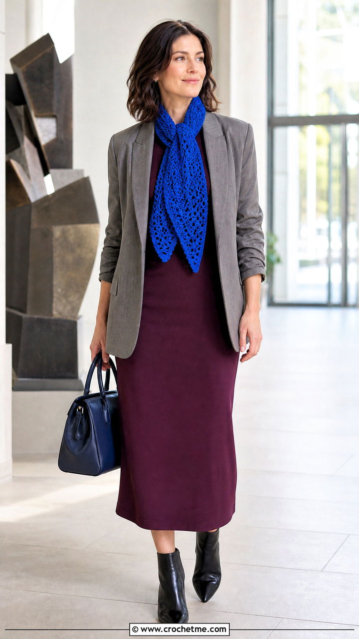 Loop Through Crochet Scarf With Blazer And Midi Dress - 35 quick crochet scarf outfit ideas