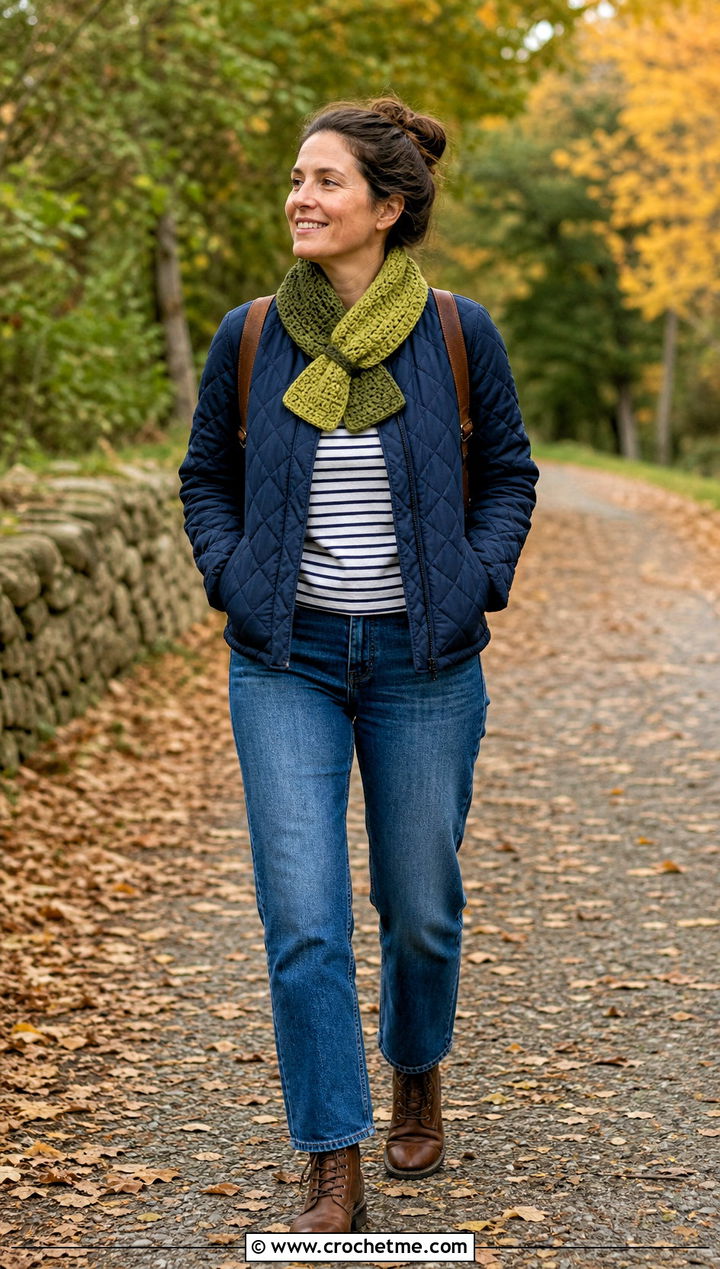 Loop Through Crochet Scarf With Quilted Jacket - 35 crocheted scarf outfit ideas