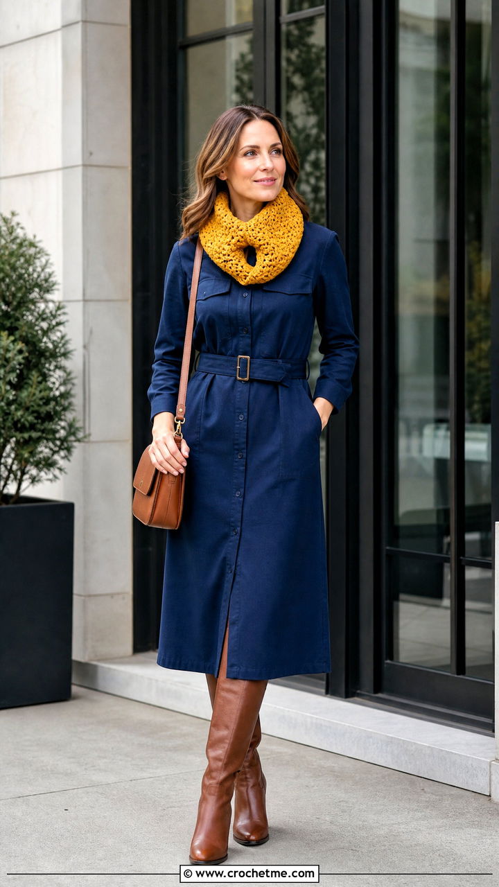Loop Through Crochet Scarf With Shirt Dress and Boots - 35 easy one skein crochet scarf outfit ideas