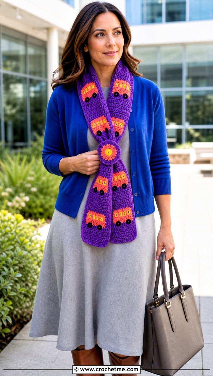 Loop Through School Bus Scarf With Cardigan And Midi Dress - 25 Crochet School Bus Scarf outfit ideas