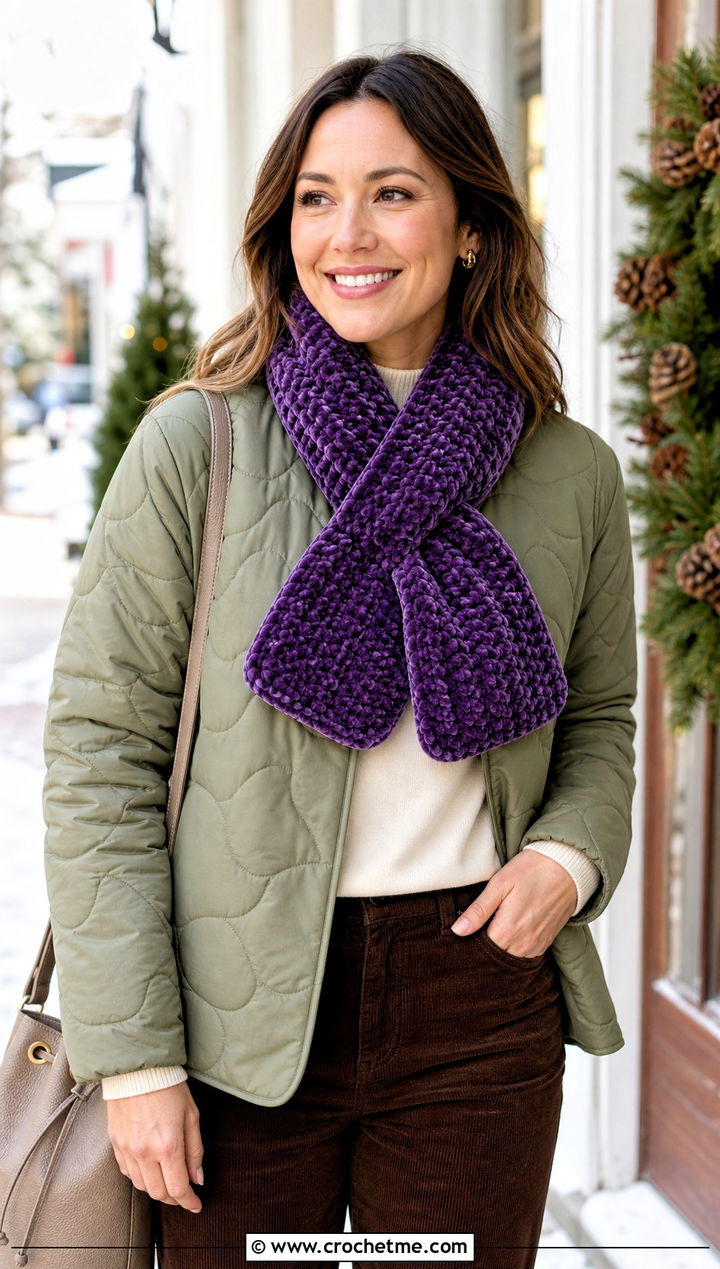 Loop Through Velvet Crochet Scarf With Quilted Coat - 25 Velvet Crochet Scarf outfit ideas