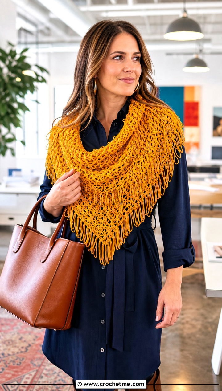 Looped Fringe Mesh Triangle Shawl With Workwear Dress - 30 Crochet Mesh Triangle Shawl outfit ideas