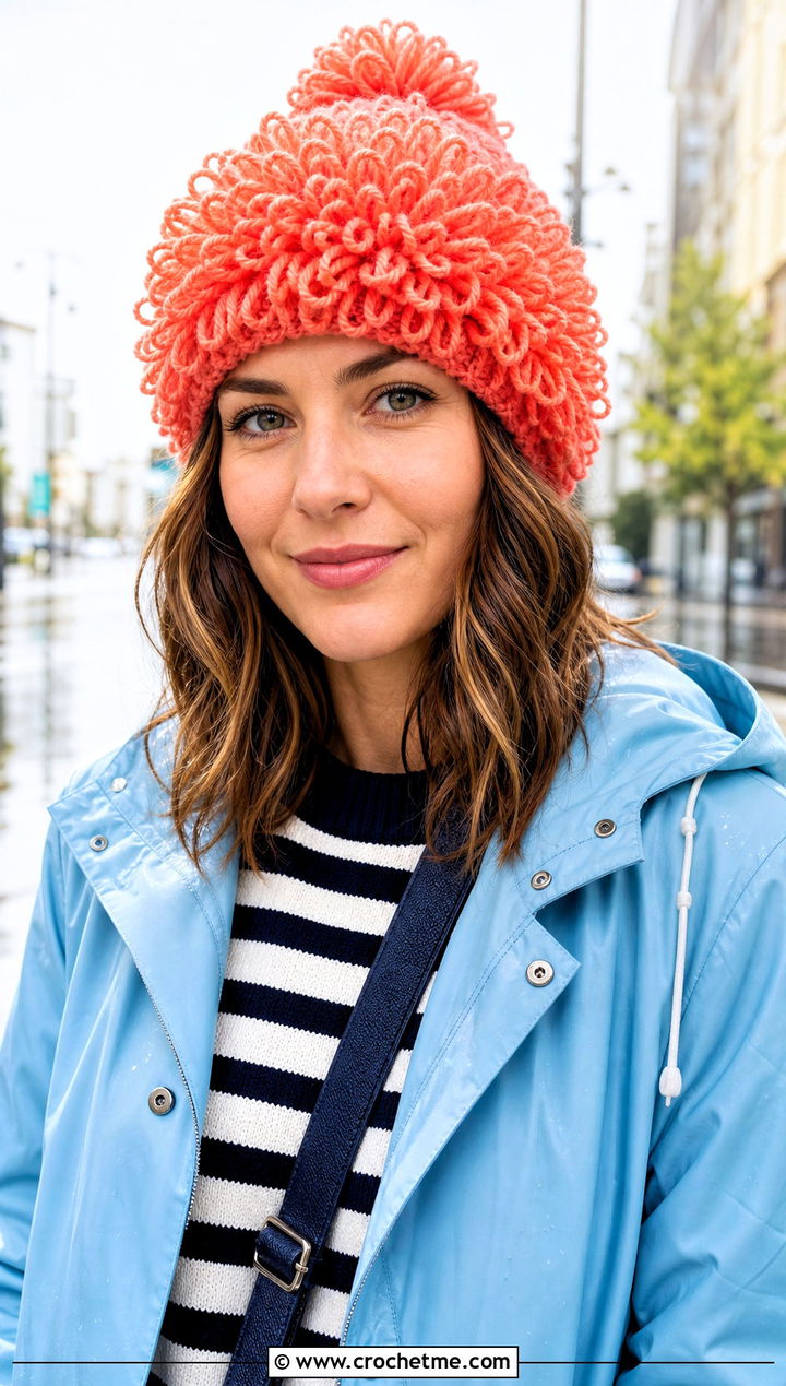 Loopy Pom Pom Crochet Stocking Hat With Raincoat - 25 easy crochet stocking hat outfit ideas