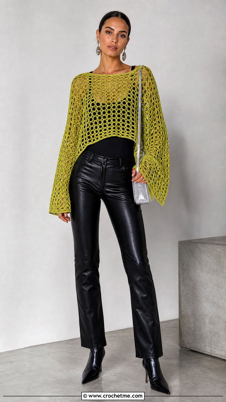 Loose Bell Sleeve Crochet Top With Leather Pants - 35 loose crochet top outfit ideas