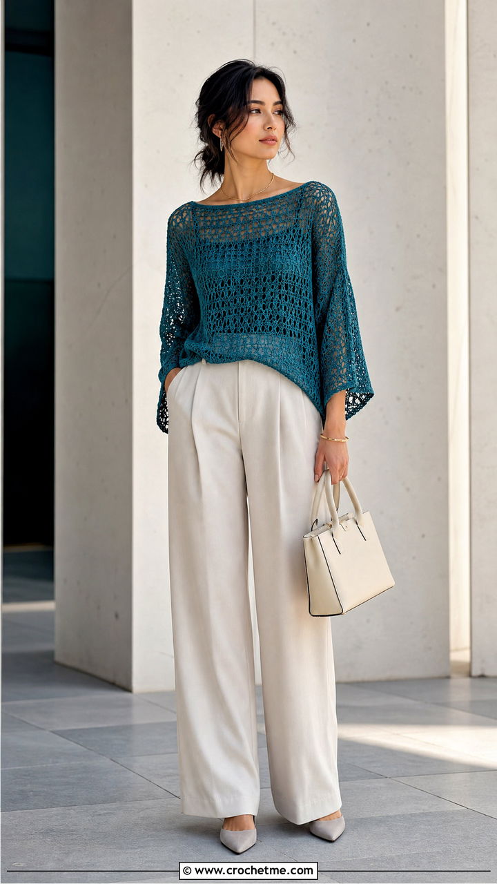 Loose Boat Neck Crochet Top With Wide Leg Trousers - 35 loose crochet top outfit ideas