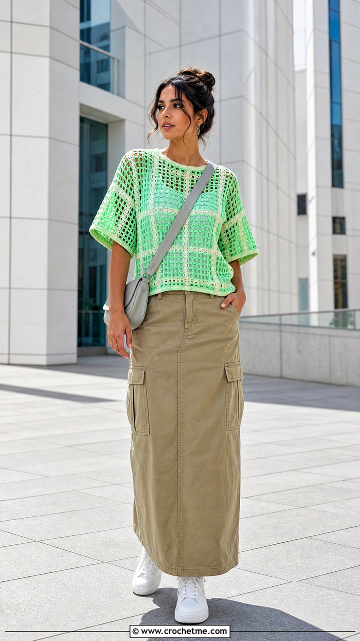 Loose Checkered Crochet Top With Cargo Maxi Skirt - 35 loose crochet top outfit ideas