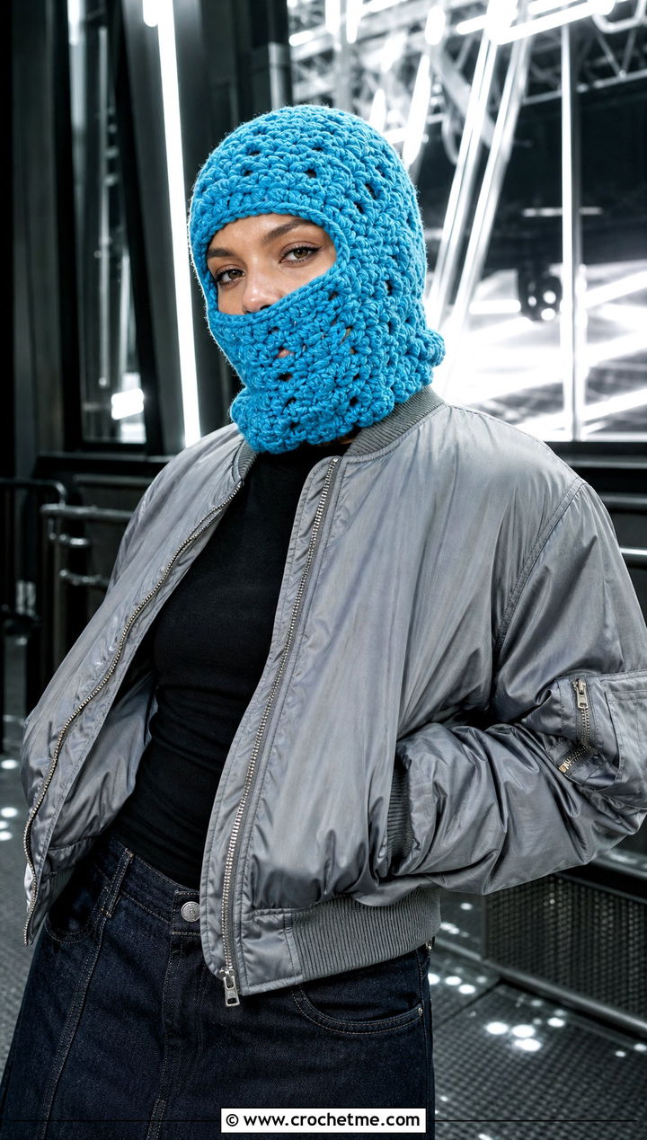 Loose Chunky Stitch Crochet Balaclava With Bomber Jacket - 20 loose crochet balaclava outfit ideas