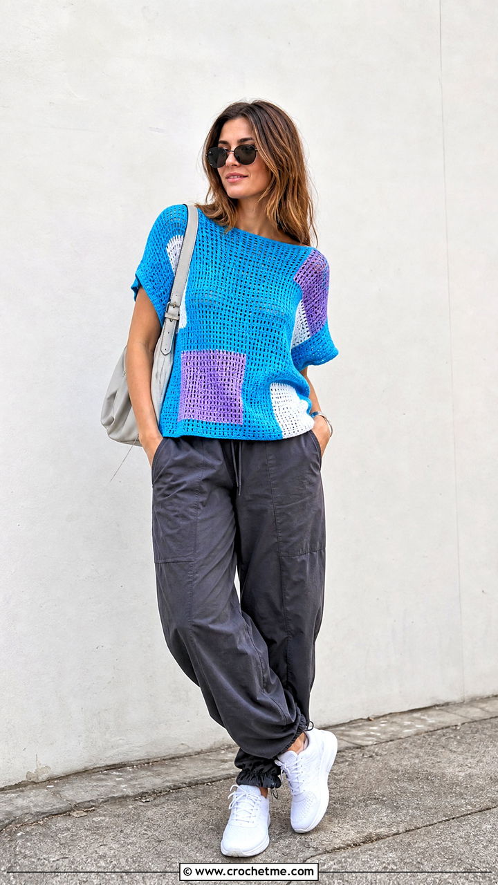 Loose Color Block Crochet Top With Parachute Pants - 35 loose crochet top outfit ideas