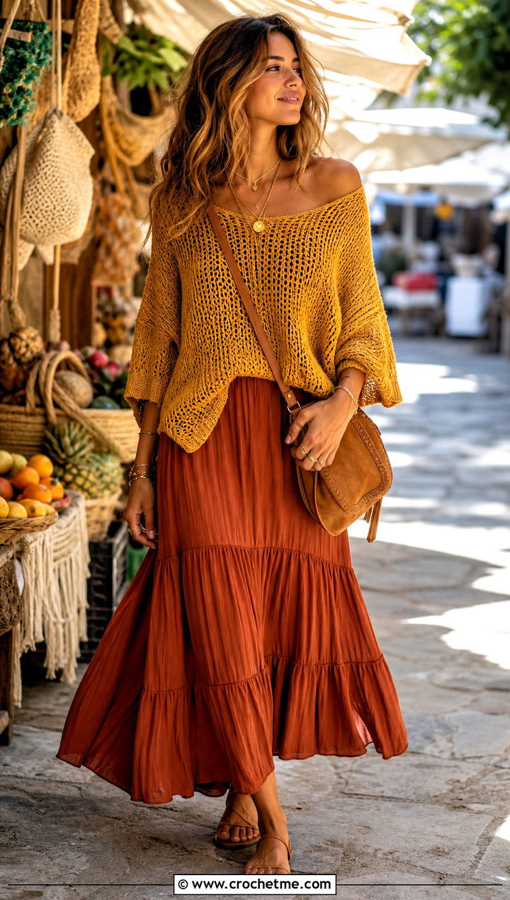 Loose Crochet Off The Shoulder Top With Tiered Maxi Skirt - 35 Crochet Off The Shoulder Top outfit ideas