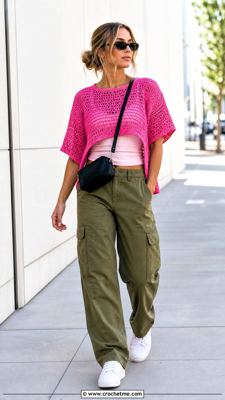 Loose Drop Shoulder Crochet Tee With Cargo Pants - 35 loose crochet top outfit ideas