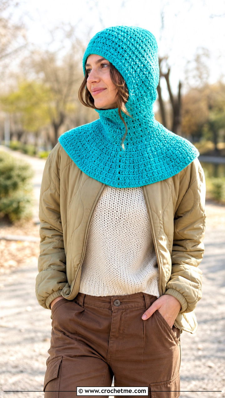 Loose Extended Neck Crochet Balaclava With Quilted Jacket - 20 loose crochet balaclava outfit ideas
