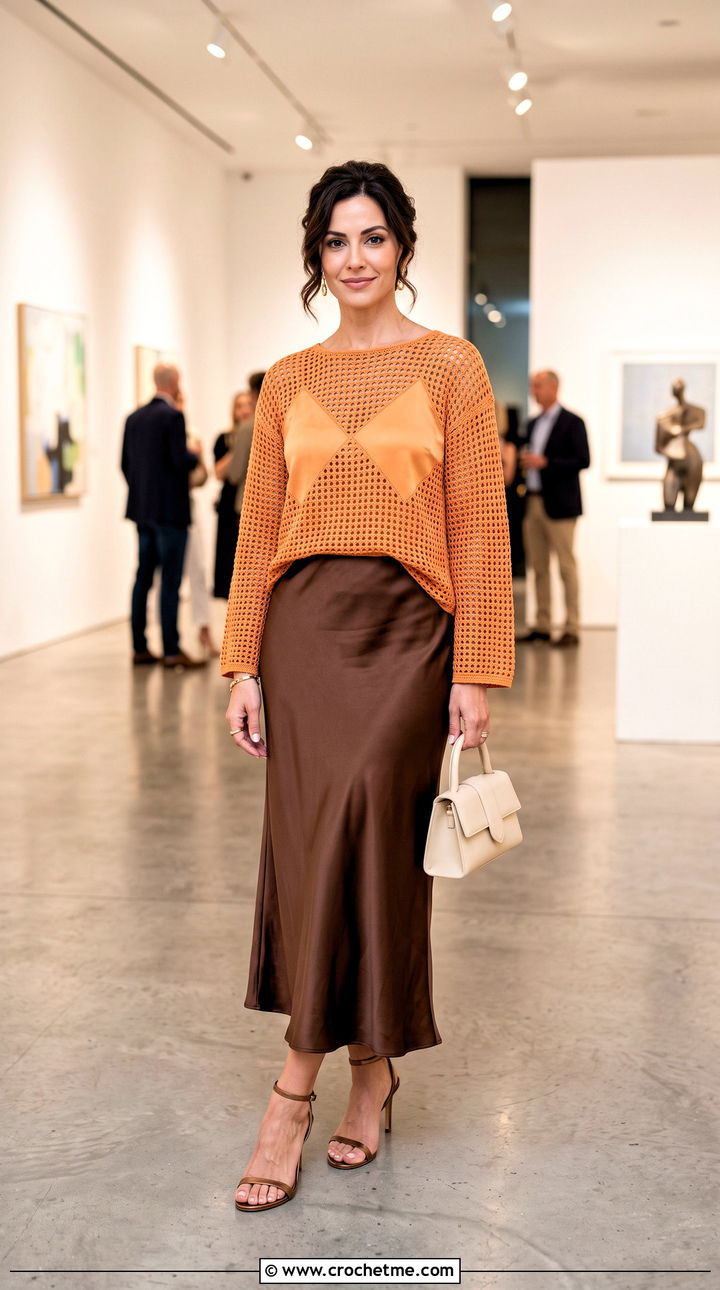 Loose Filet Crochet Top With Satin Midi Skirt - 35 loose crochet top outfit ideas