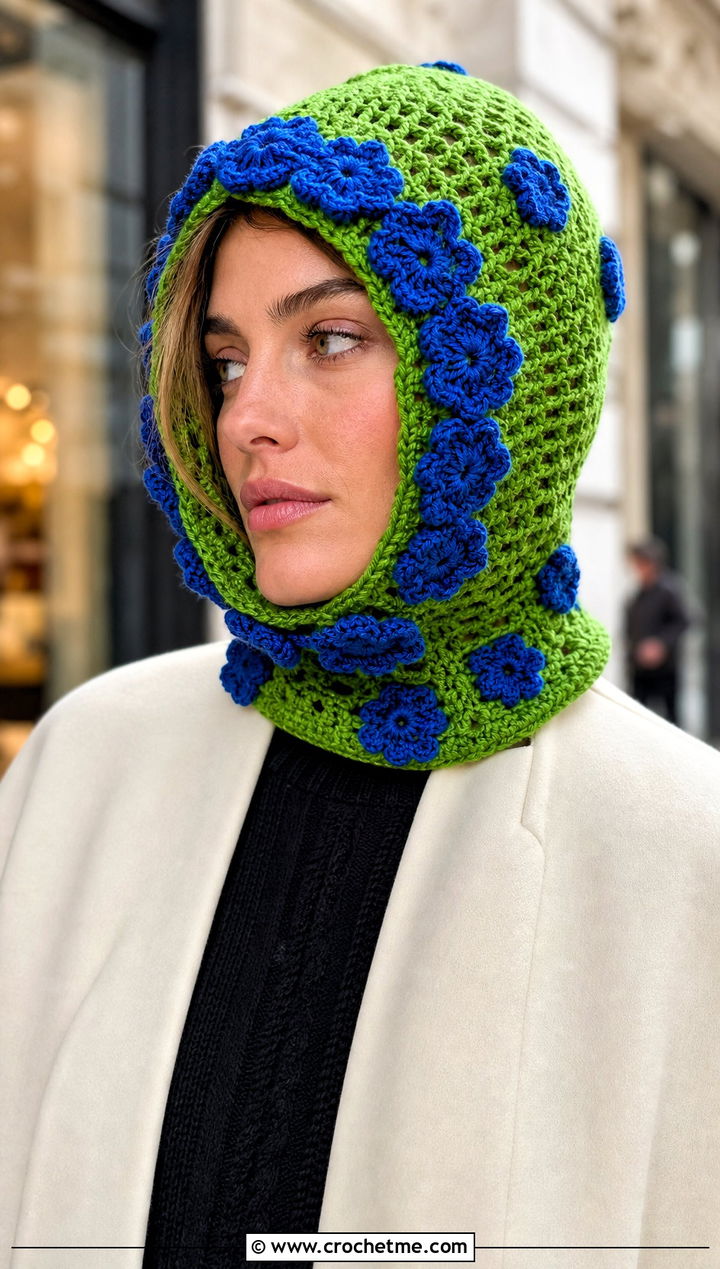 Loose Floral Applique Crochet Balaclava With Minimal Coat - 20 loose crochet balaclava outfit ideas