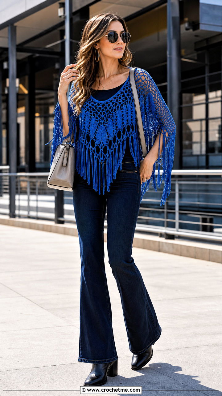 Loose Fringe Crochet Top With Flared Jeans - 35 loose crochet top outfit ideas