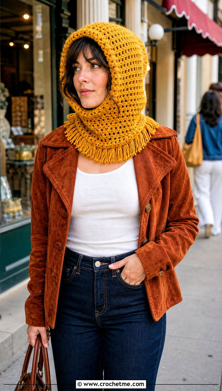 Loose Fringed Crochet Balaclava With Suede Jacket - 20 loose crochet balaclava outfit ideas