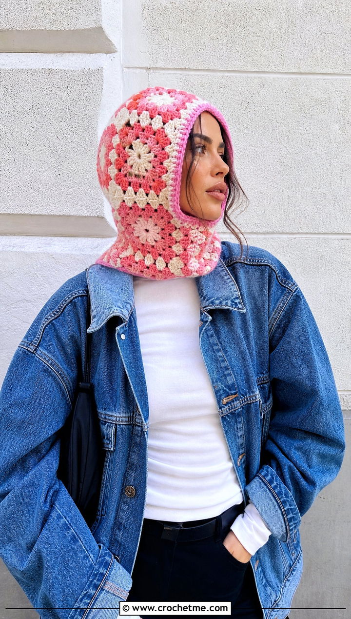 Loose Granny Square Crochet Balaclava With Denim Jacket - 20 loose crochet balaclava outfit ideas