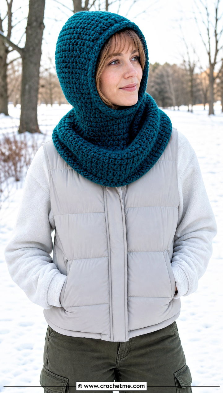 Loose Hooded Cowl Crochet Balaclava With Puffer Vest - 20 loose crochet balaclava outfit ideas