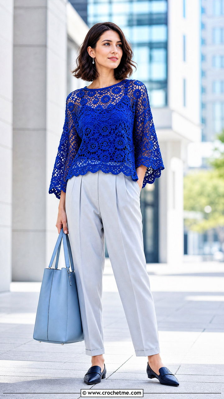 Loose Lace Crochet Blouse With Pleated Trousers - 35 loose crochet top outfit ideas