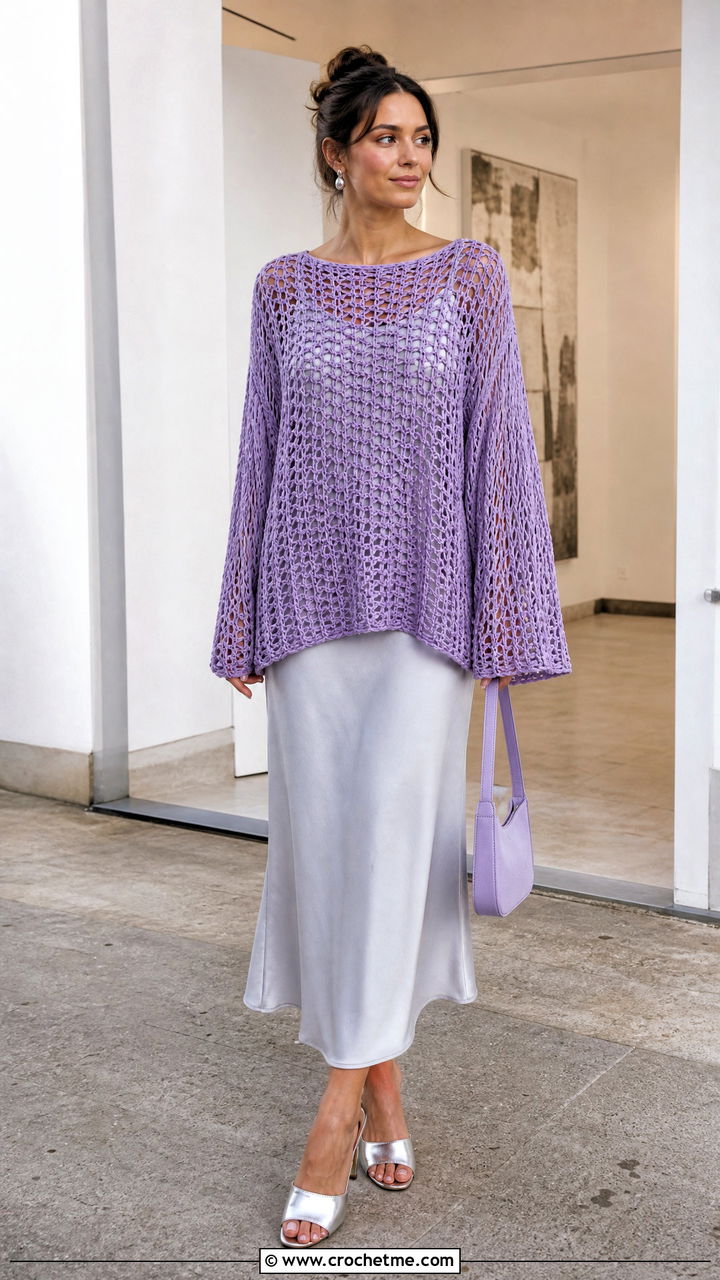 Loose Long Sleeve Crochet Top With Slip Dress - 35 loose crochet top outfit ideas