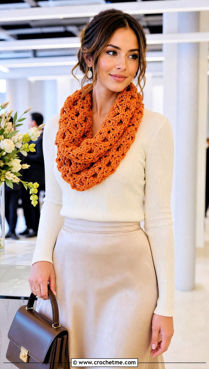 Loose Loop Bellflower Infinity Crochet Scarf With Satin Skirt - 15 bellflower infinity crochet scarf outfit ideas