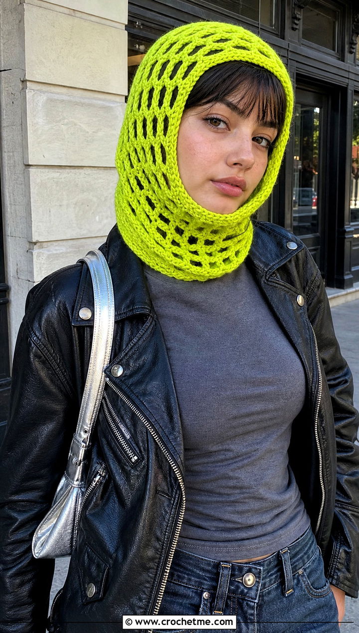 Loose Mesh Crochet Balaclava With Leather Jacket - 20 loose crochet balaclava outfit ideas
