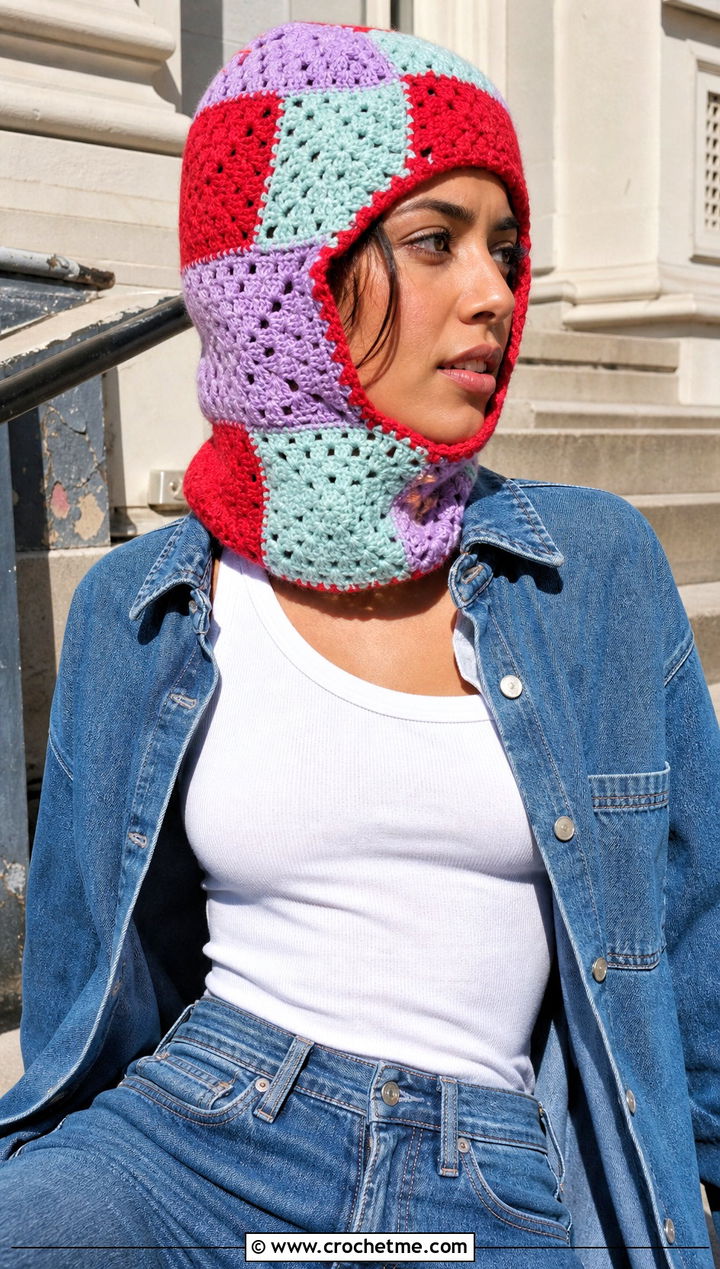 Loose Patchwork Crochet Balaclava With Double Denim - 20 loose crochet balaclava outfit ideas