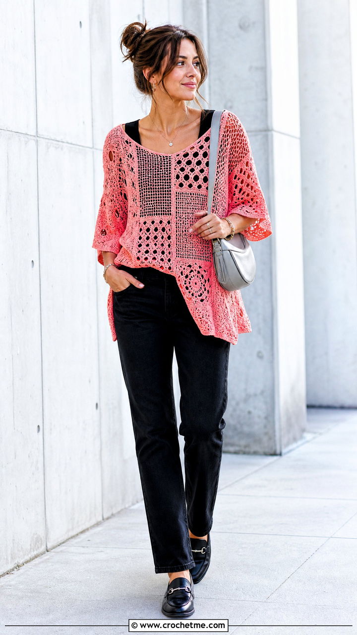 Loose Patchwork Crochet Top With Black Jeans - 35 loose crochet top outfit ideas