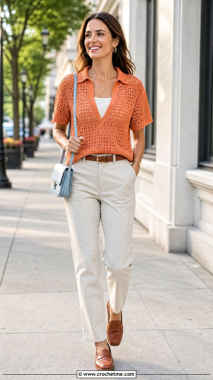 Loose Polo Crochet Top With Chino Pants - 35 loose crochet top outfit ideas