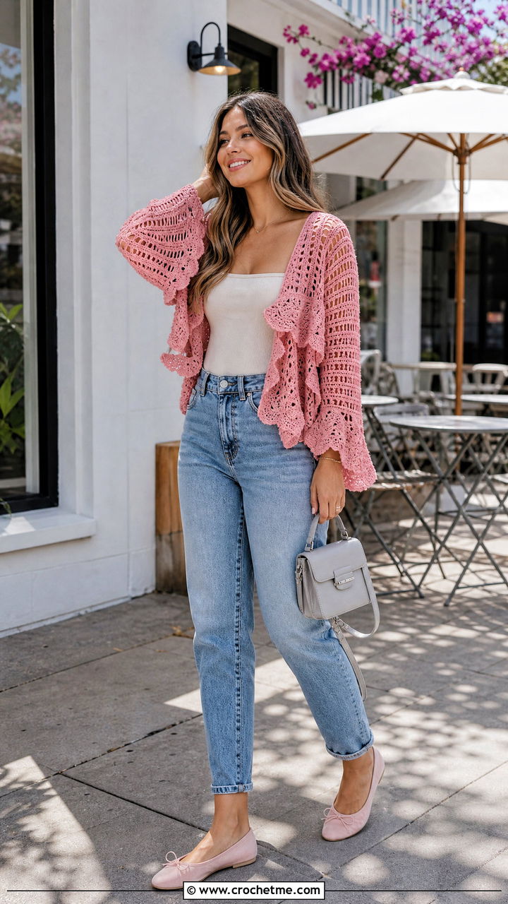 Loose Ruffle Sleeve Crochet Top With Mom Jeans - 35 loose crochet top outfit ideas