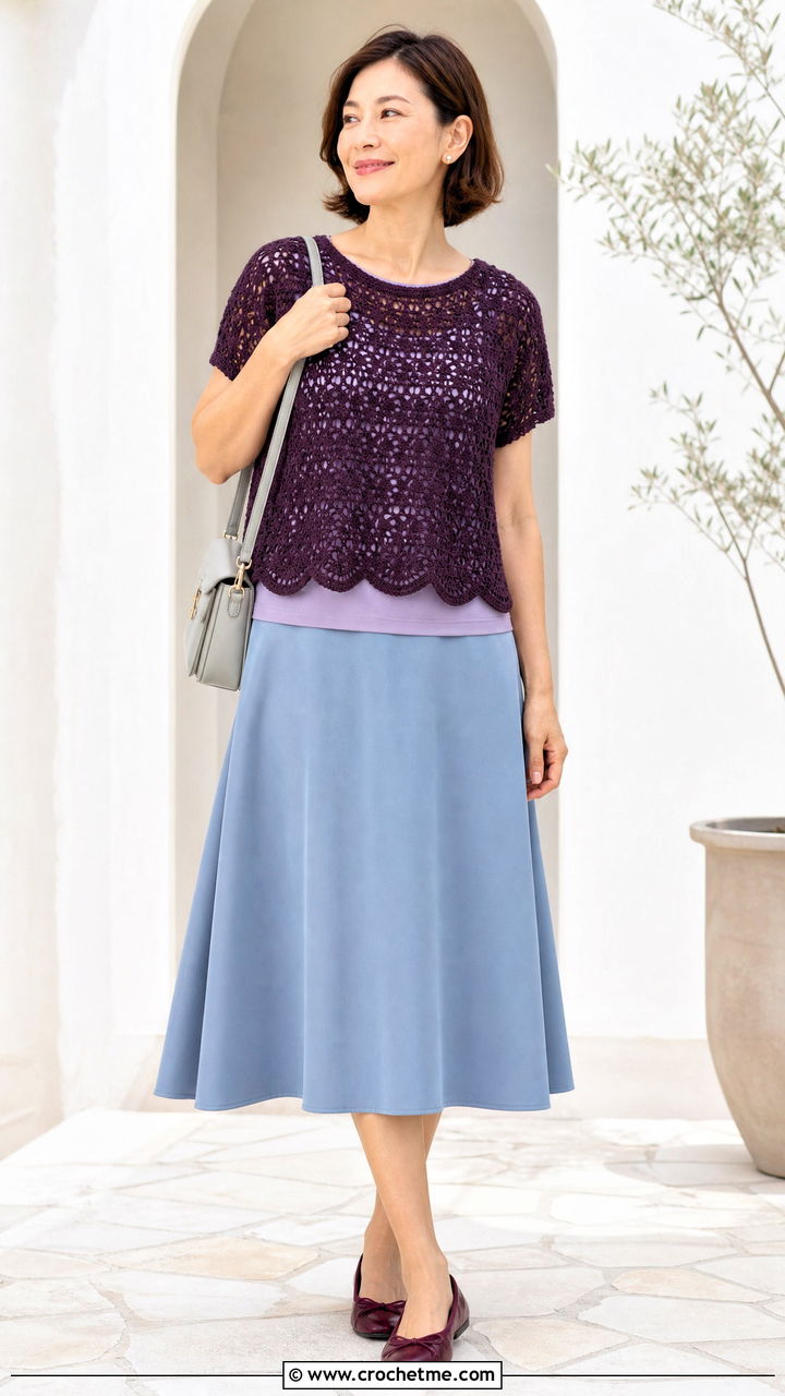 Loose Scallop Hem Crochet Top With A Line Skirt - 35 loose crochet top outfit ideas