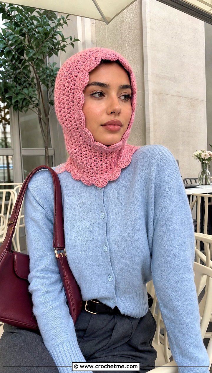 Loose Scalloped Edge Crochet Balaclava With Cardigan And Trousers - 20 loose crochet balaclava outfit ideas